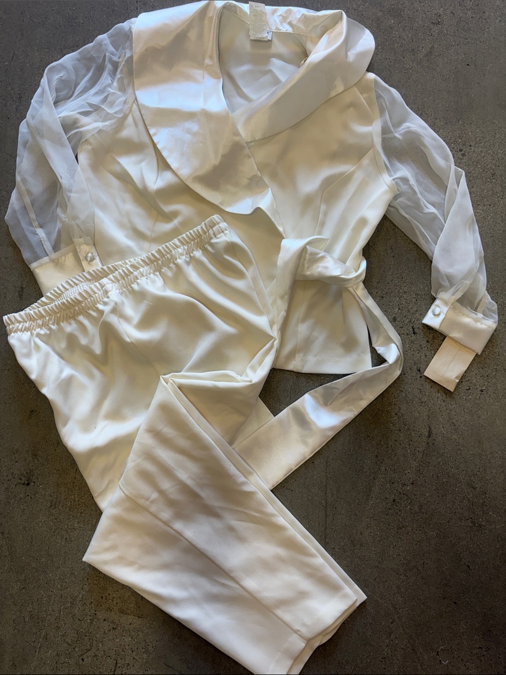 Midnight Velvet White Satin Pantsuit with Sheer Sleeves